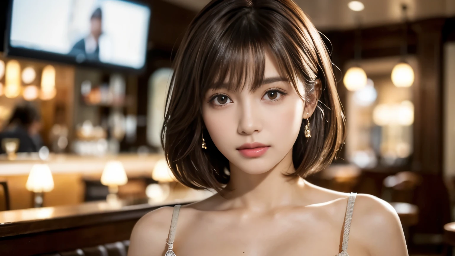 (masterpiece, super detailed, very detailed, exquisite, 16k, disorganized), woman, 19 years old, glamorous, (Suppin breeze:1.4), looking at the viewer, short hair, messy hair, diagonal bangs, brown hair, brown eyes, Upper body, cinematic lighting, Blurry background in focus, Inside a stylish cafe, Urban Cafe