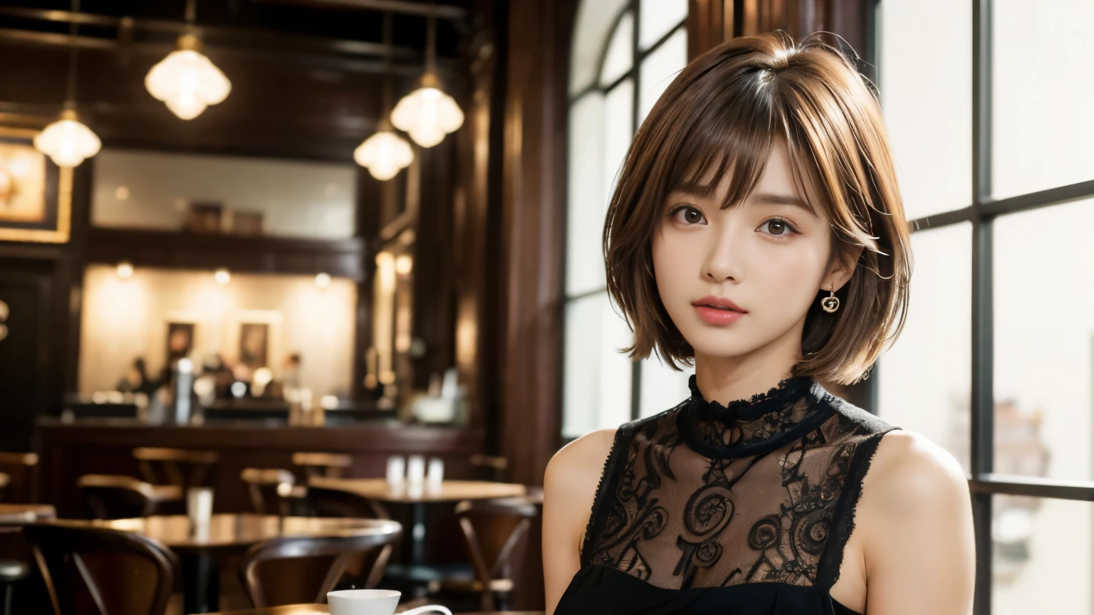 (masterpiece, super detailed, very detailed, exquisite, 16k, disorganized), woman, 19 years old, glamorous, (Suppin breeze:1.4), looking at the viewer, short hair, messy hair, diagonal bangs, brown hair, brown eyes, Upper body, cinematic lighting, Blurry background in focus, Inside a stylish cafe, Urban Cafe