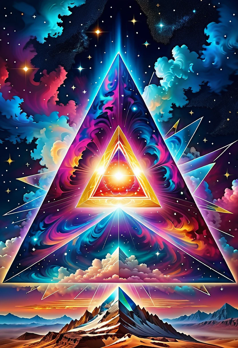 Huge triangle,Magnificent cosmic starry sky background,Intricate illustration in surreal art style,surreal dream,Dubrec style,Transparent geometric shape close-up,(multiple exposure:1.8),