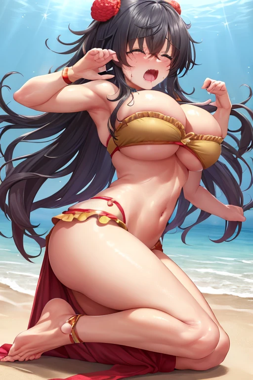 masterpiece, best quality, beautiful art, high resolution, well formed hands, body and fingers, 1 woman, solo, Tamaki Ako, big breasted, cleavage, full body,  wearing a Mata Hari outfit, sexy belly dancer, sexy and skimpy arabian belly dancer attire, gorgeous legs and thighs, , ryona ,   in peril, she is slapped in the face and being beaten up by her opponent, being slammed against the floor, receiving the impact of her opponent's attacks, closed eyes, screaming in pain and agony, ryona and perilous scene, bouncing breasts, weak and helpless, martial arts tournament on the beach 