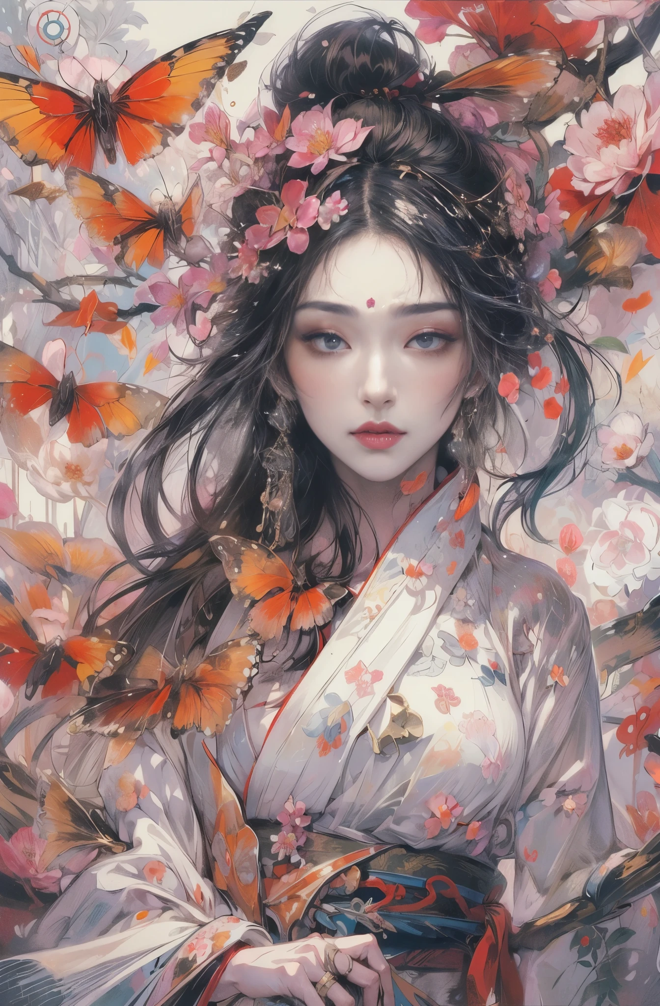 Beautiful demon painting, SakuraFubuki, Senbonzakura, Cherry blossoms scattered in the wind, Zeami, Big Yokai, Devil Charm, Queen of the Monsters, empress of fear, queen of hell, Six Paths of Reincarnation, Beauty of the Leaning Country, beautiful black haired devil, Beautiful red make-up, white face, nine tailed fox, she looks 27 years old, Dream of a butterfly, Sharp beauty, Bewitching, Chinese peony, peony, lily flower, Beautiful red kimono, Oiran, The highest ranking prostitute, Hundred flowers in abundance, flower of slaughter, Female Yakuza, ruler of the red light district, Beautiful and expressive paintings, Beautiful artwork illustration, wonderful, cool beauty, clear, Muromachi Fantasy, Mysterious, highest quality, official art, perfect composition, perfect angle, best shot, women only, sharp outline, pretty much beautiful face, very beautiful and detailed eyes, beautiful and delicate eyes, demon of kyoto, Devil Charmの主, Cold-hearted demon woman, phantom, Hyakki Night Line, Shura Road, Female Yakuza, full body tattoo, underworld, diamond, Rashomon, Gion Seisha, Snow Moon Wind Flowers, The action is permanent, Under the light of the meteor, flying flowers and fallen leaves, Dream Bubble, Close-up: Ultra-detailed paintings inspired by WLOP, art station trends, fantasy art, A complicated mess, The art of hitting, wallop art, WLOP |, wallop style, beautiful character drawings, Wlop painting style, WLOP | germ of art, Unparalleled Beauty Tumbler, figurative art, intense watercolor, watercolor detailed art, watercolor splash, surreal, avant-garde pop art, Beautiful and expressive paintings, Beautiful artwork illustration, very colorful tones, wonderful, cool beauty, masterpiece, highest quality, official art, women only, sharp outline, best shot, vector art, Written by Sandra Chevrier, dave mckean、By Richard Avedon、Written by Makiezi Kusiala, luminous design