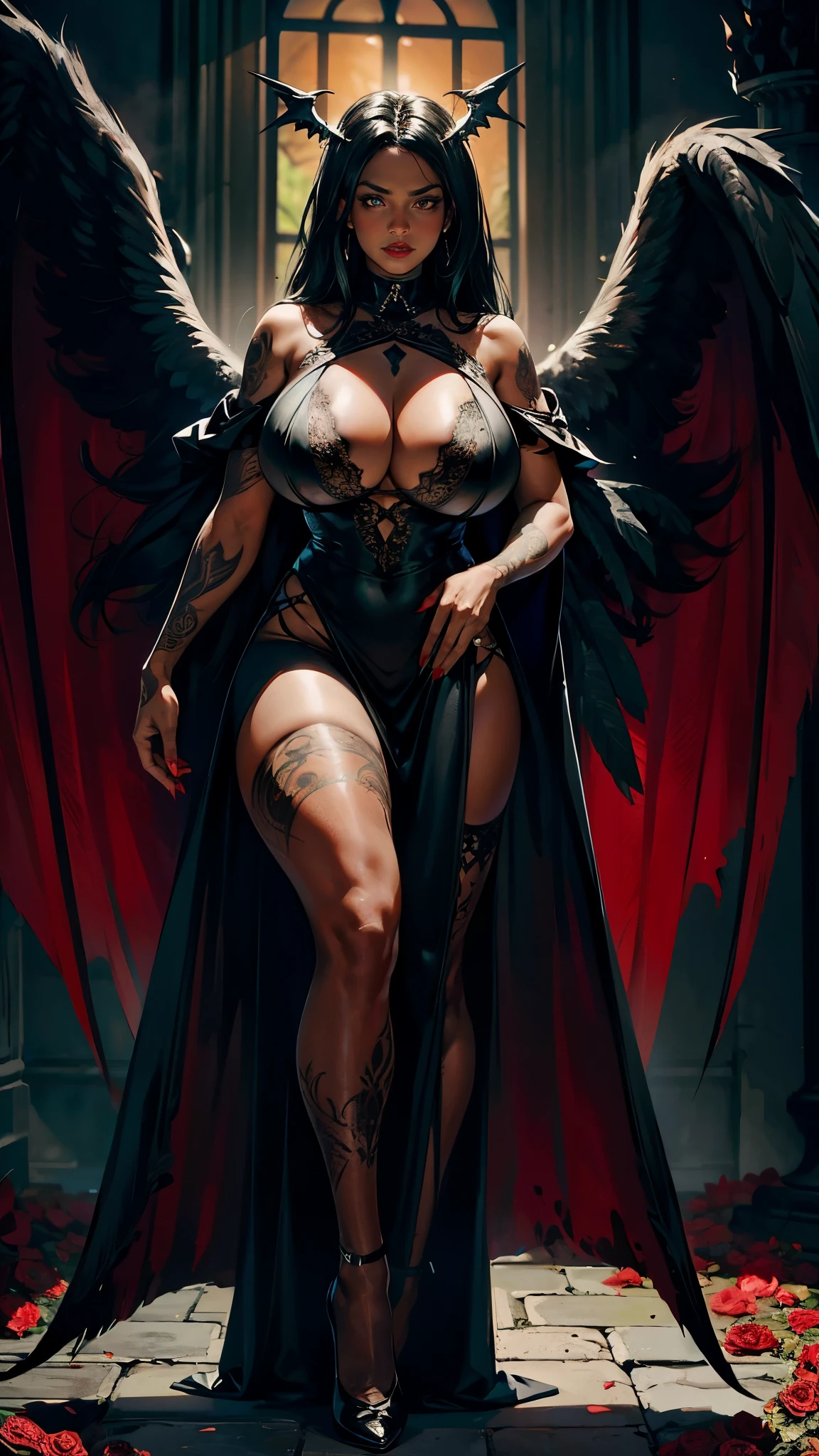 magic, an angel, Fallen an angel, Black an angel, big wings, black feather, large natural breasts, showing big cleavage, Dark, Evil creature, scull, Hair decoration “Black thorn”, Blood red roses, Dark red clothes, Black Crown, Full body tattoos