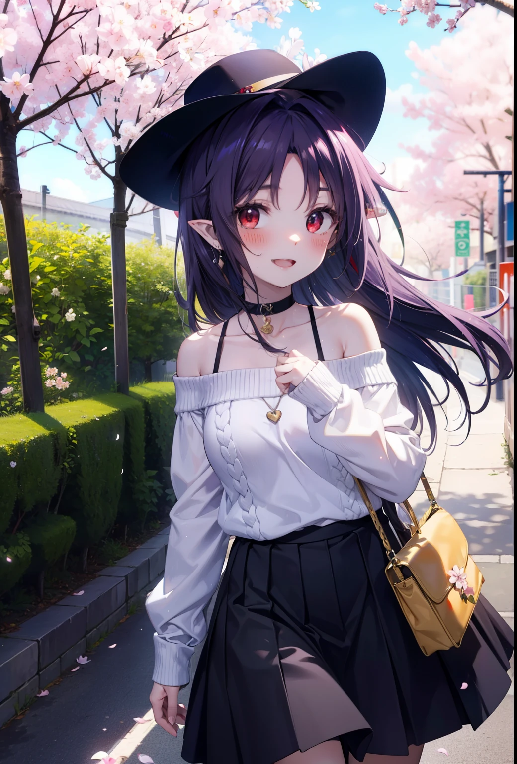yuukikonno, yuuki konno, long hair, pointy ears, purple hair, (red eyes:1.5), (small breasts:1.2),blush, happy smile, smile, Open-mouth hunting hat,White off-shoulder sweater,bare shoulders,naked neck,bare clavicle,Heart shaped pendant,Purple long skirt,white sneakers,Cherry blossoms are scattered,cherry blossoms are blooming,Cherry Blossom Tree-lined Path BREAK looking at viewer, full body,,(cowboy shot:1.5),
BREAK outdoors, garden,
BREAK (masterpiece:1.2), best quality, high resolution, unity 8k wallpaper, (illustration:0.8), (beautiful detailed eyes:1.6), extremely detailed face, perfect lighting, extremely detailed CG, (perfect hands, perfect anatomy),
