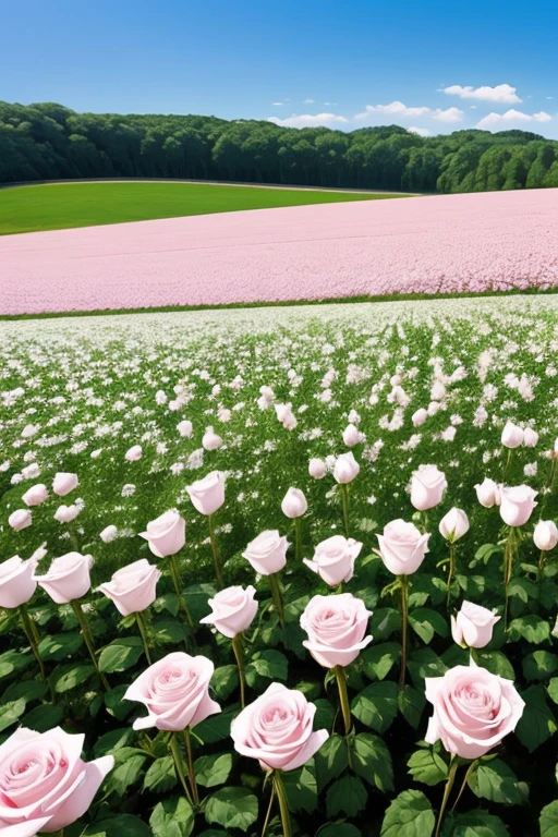 A field of white and pink roses under a clear blue sky、photograph、high quality、beautiful