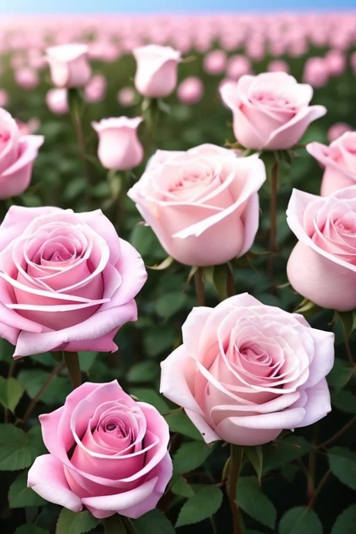 A field of white and pink roses under a clear blue sky、photograph、high quality、beautiful
