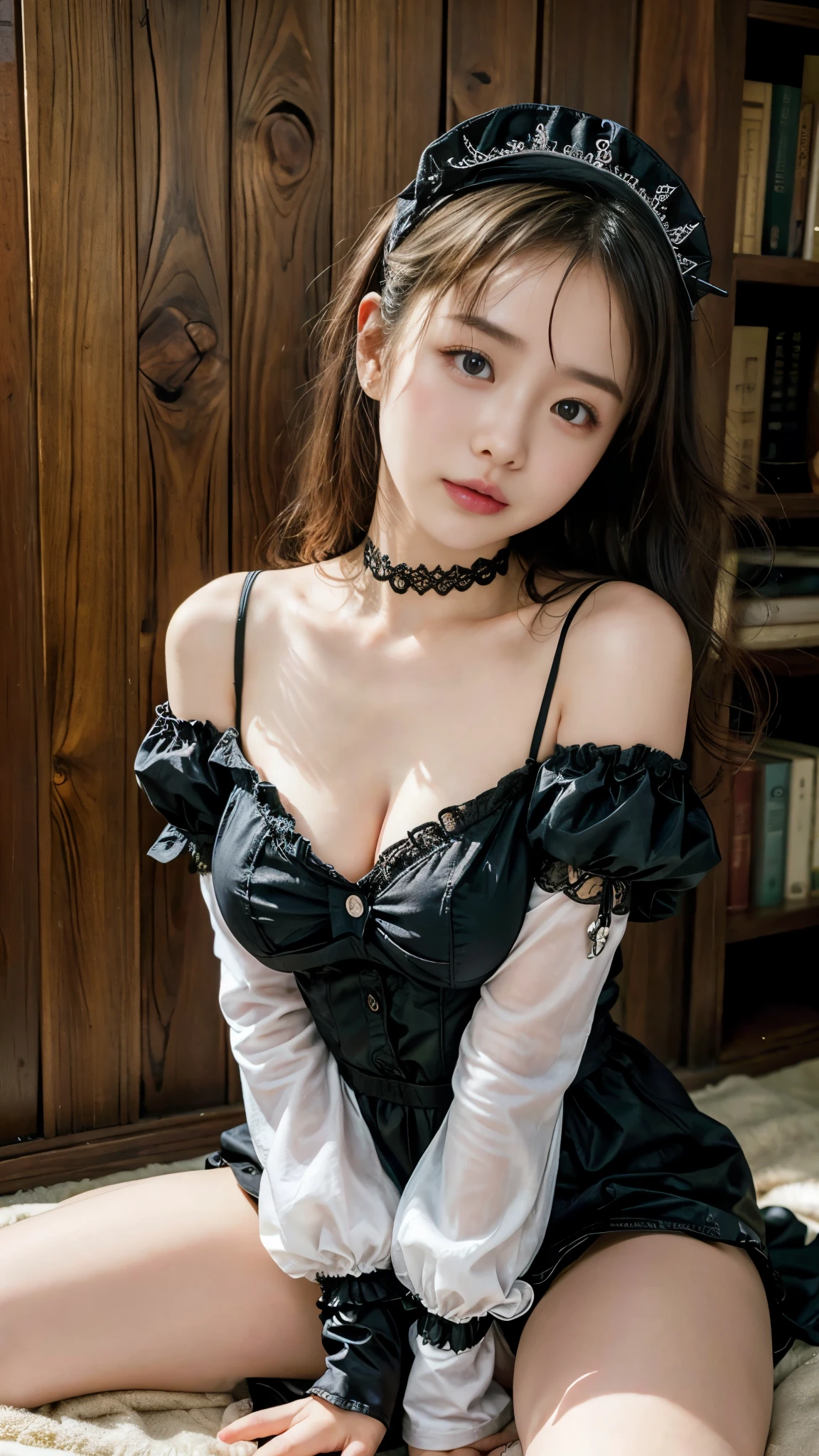 Wearing the cutest gothic maid in the world,Z cup big,The sculptural model is captivating, (1 girl:1.3)、realistic pictures、Photoreal:1.4 Official art、super detailed、beautiful and aesthetic、beautiful feceasterpiece、highest quality、Turn the lye over 、spread your legs wide、Huge 、chest exposure、(barefoot)、The cutest maid choker in the world、the cutest gloves in the world、The most beautiful skin in the world、the cutest earrings in the world、The cutest sleeping face in the world、The cutest gravure idol pose in the world、the most attractive body in the world、Old Western-style house, The rotor is inside the vagina, ecstasy face, climax expression, view from the side, View viewer, ((I can not stand it:1.5))