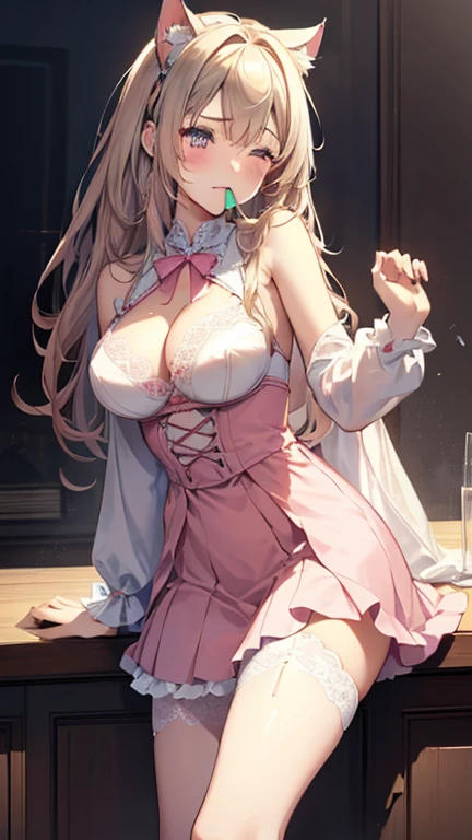 adult women、Accurate number of fingers、accurate number of legs、Exact number of arms、Bangs, ribbon ponytail, blond hair, (blush:1), (put one hand in:1.8), fingering, (cat juice:1.2), in mouth, idol costume、red clothes、Off the shoulders、mini skirt, This costume is only open at the chest...、high socks、White idol style skirt, (Lingerie with exquisite and luxurious decoration:1.3), Ribbon at neckline.., (White and pink with lots of lace:1.3), White lace:1.2), Sexy Lingerie, Raise your legs high、 beautiful big breasts, (Nipples erect:1), The skirt was rolled up、best quality, High resolution, (Eyes are thin and beautiful:1.6), The facial details are very rich, perfect lighting, Very detailed CG, (perfect hands, perfect anatomy),Embarrassed look、The expression of holding back from going to the toilet, (Sexual pleasure expression:1.4), (expression of pain:1.2)、close eyes、sexy look、look up、mouth half open、、whole body