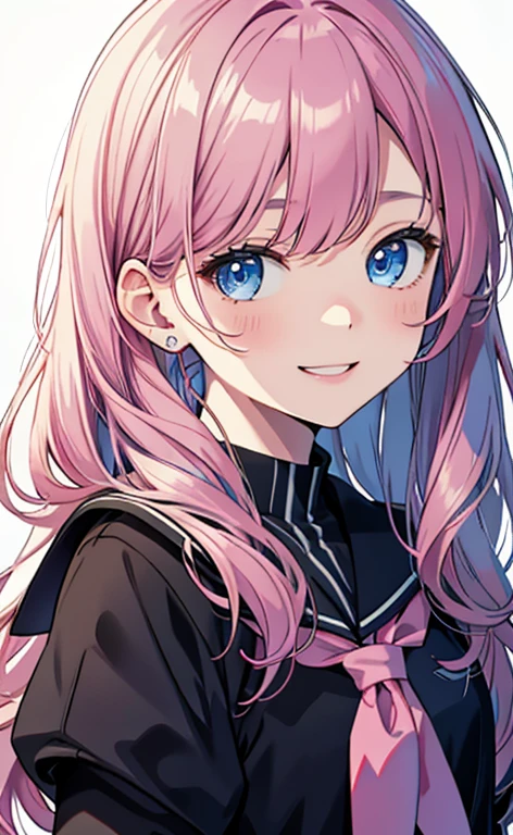 (masterpiece、top-quality、8k size wallpaper、offcial art)、(face focus:1.3,portrait,upper body:1.6)、(1girl),Laughing happily with mouth open,cute face,blue eyes、twintails、
,(stand),
,(sexy body),(school uniform),(long fluorescence pink hair1.3), (small breasts)、
、fluorescence、classroom,JK、