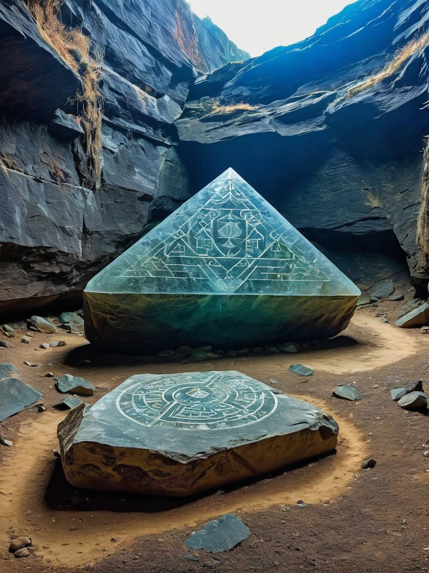 Unknown geometric remains，In the underground hole，A huge geometric ruin。Its shape is intricate，It seems to be the crystallization of wisdom beyond the times。Mysterious symbols are engraved on each boulder.，As if telling ancient secrets。And this is just the tip of the iceberg