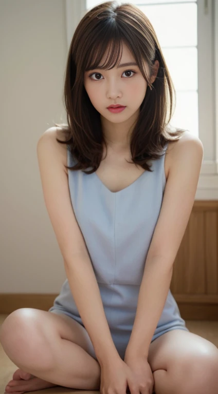 (masterpiece:1.5)、(realistic:1.5)、(highest quality:1.4、8K、Raw photo）、Completely naked、Full body nude、Overall picture、beautiful genital-shaped splits Ultra high resolution、professional lighting、perfect dynamic composition、indoors、 chromatic aberration、(Bokeh:1.1)、 Frank、Sophisticated、Charm、surreal、golden ratio、 (1 girl)、slender girl、繊細でCharm女の子、cute woman:1.4、 serious expression、looking at the viewer、 light brown hair、shining hair、random cute hairstyle、 real looking skin、 close your mouth、fine eyes、double eyelid、thin arms、