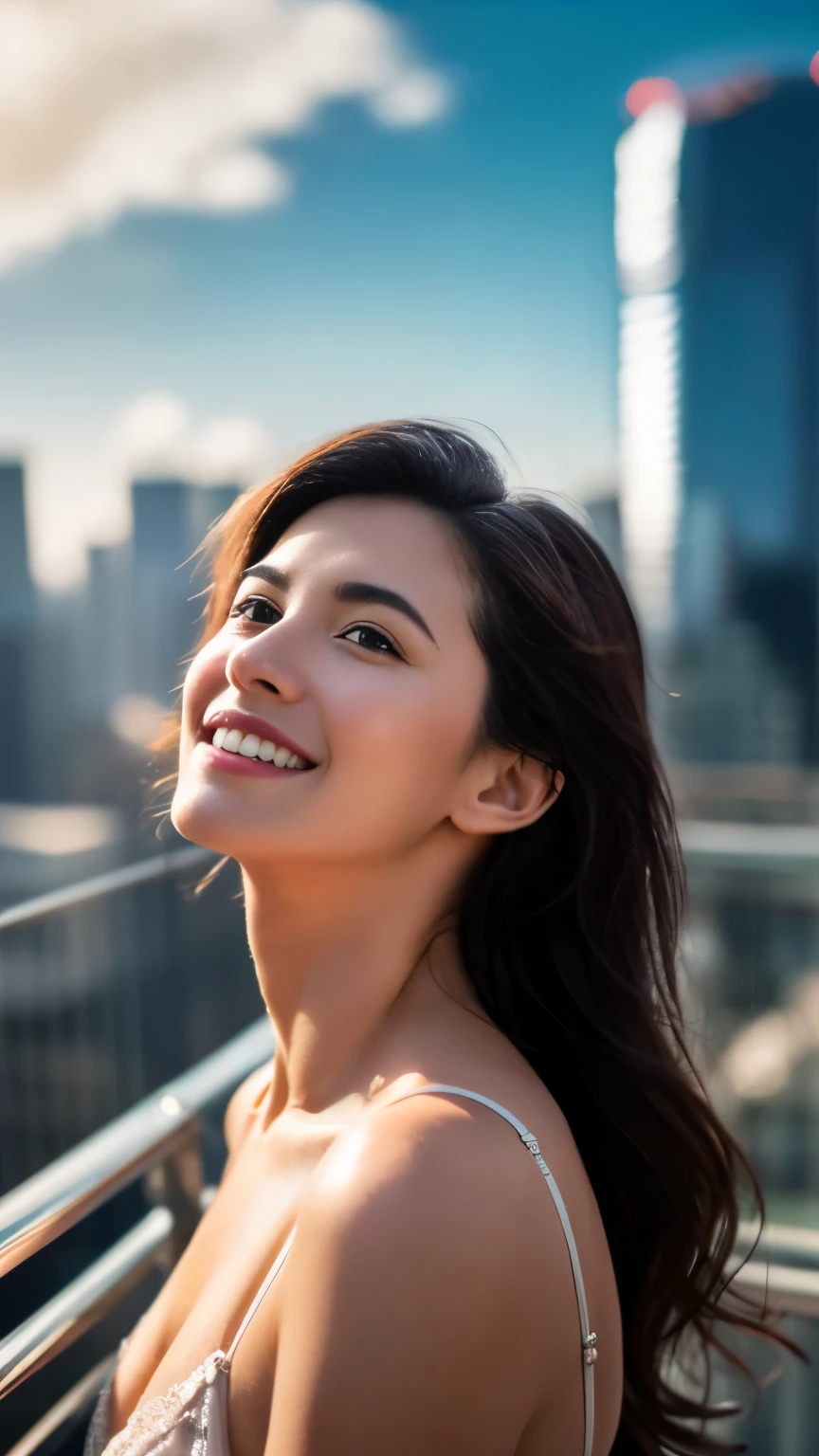 (Top Quality, 4K, 8K, High Resolution, Masterpiece: 1.2), Super Detail, (Real, Photorealistic, Photorealistic: 1.37), Beautiful Woman, Woman, Rain, Wet Body, Beautiful Underwear, Sense Good clothes, attractive, dark hair, sparkling eyes, graceful beauty, perfectly shaped face, perfect skin, gentle smile, soft lighting, breathtaking cityscape view from the rooftop, bright colors , subtle sunlight peeking through the clouds, delicate features, skyscrapers towering in the background, the breeze blowing through your hair, sparkling jewelry, a scenic environment,