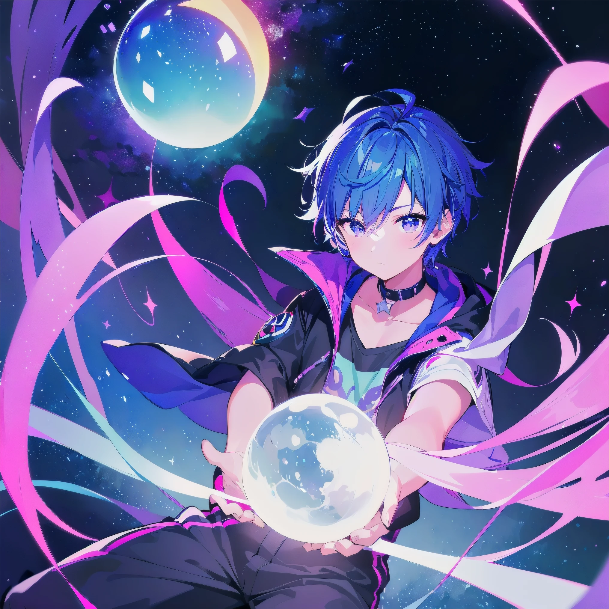 ((((masterpiece)))), high quality, very_high_resolution, large_filesize, full or, ((younger boy)), 13 old year, short deepblue hair, vivid or, purple eye, civilian clothes white, Night, ((Sparkling Sphere)), ((Galaxy Neon Soda)), ((falling star)), ((awakening)), anime