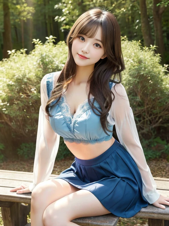 one woman、japanese woman、26Old beauty、professional lighting、medium long hair、brunette colored hair、brook in the forest、Sheer lace slip、Pastel blue lace underwear、Sheer miniskirt、High resolution、gentle expression、fascinating eyes、no makeup、Cute smile like an idol、loose lips、catch light、hair fluttering in the wind、rather large breasts、Beautiful legs extending from the skirt、legs crossed、Show from skirt to knee、Use a reflector to bring light to your face、sitting on the bench、look at camera