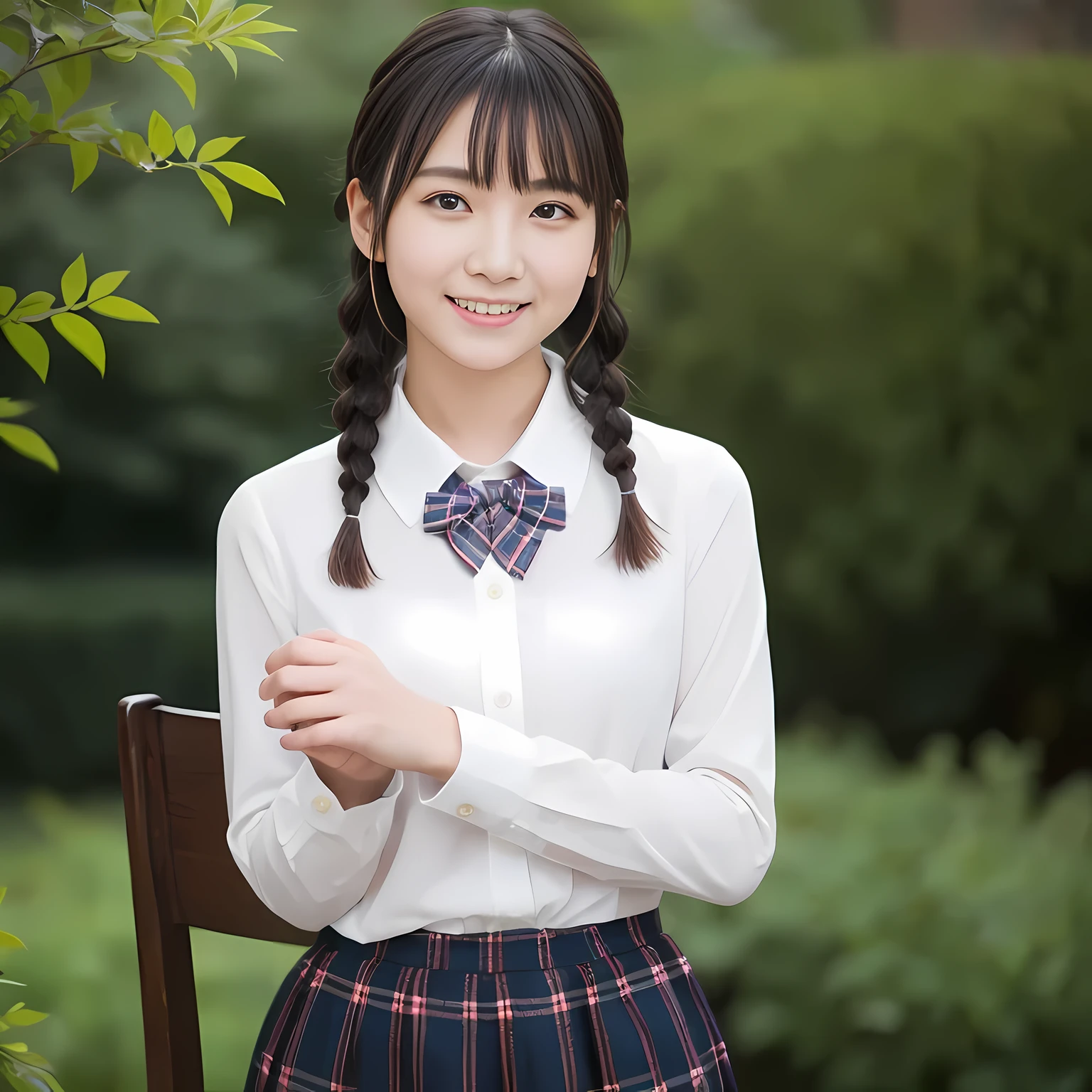 (highest quality、masterpiece:1.2)、highest quality、realistic、photograph、High resolution、1080p、8K、Pale, rough skin、The face is especially pale., physical rendering、Height: 155cm, one Japanese girl、A Japanese junior high school student sitting on a chair in a flower field、cute japanese girl, 14 years old, , (((big very detailed beautiful dark brown eyes))), ((girly large wine-red glossy polyester Japanese school ribbon bow tie)), ((((very beautiful long braids hair)))), ((((deep blue colored tartan checkered formal long pleated skirt)))), ((A formal dark blue blazer that is slightly oversized and has an emblem on the left chest.)), (((Looking at the viewers with loving eyes, smiling))), Very fun, Very happy, mouth is open, the skirt is so cute, detailed fingers, modest chest, ((curled bangs)), so beautiful, long eyelashes, ((Very big and very very very cute eyes of a Japanese girl)), ((large pupils)), double eyelids, The entire skirt is photographed, Very cute face, thin eyebrows, ((drooping eyes)), ((long eyelashes)), maximum smile, The pure white light hits my face from the front, making my eyes sparkle., (((((Very pretty princess-like face))))), ((round face)), hands on chest