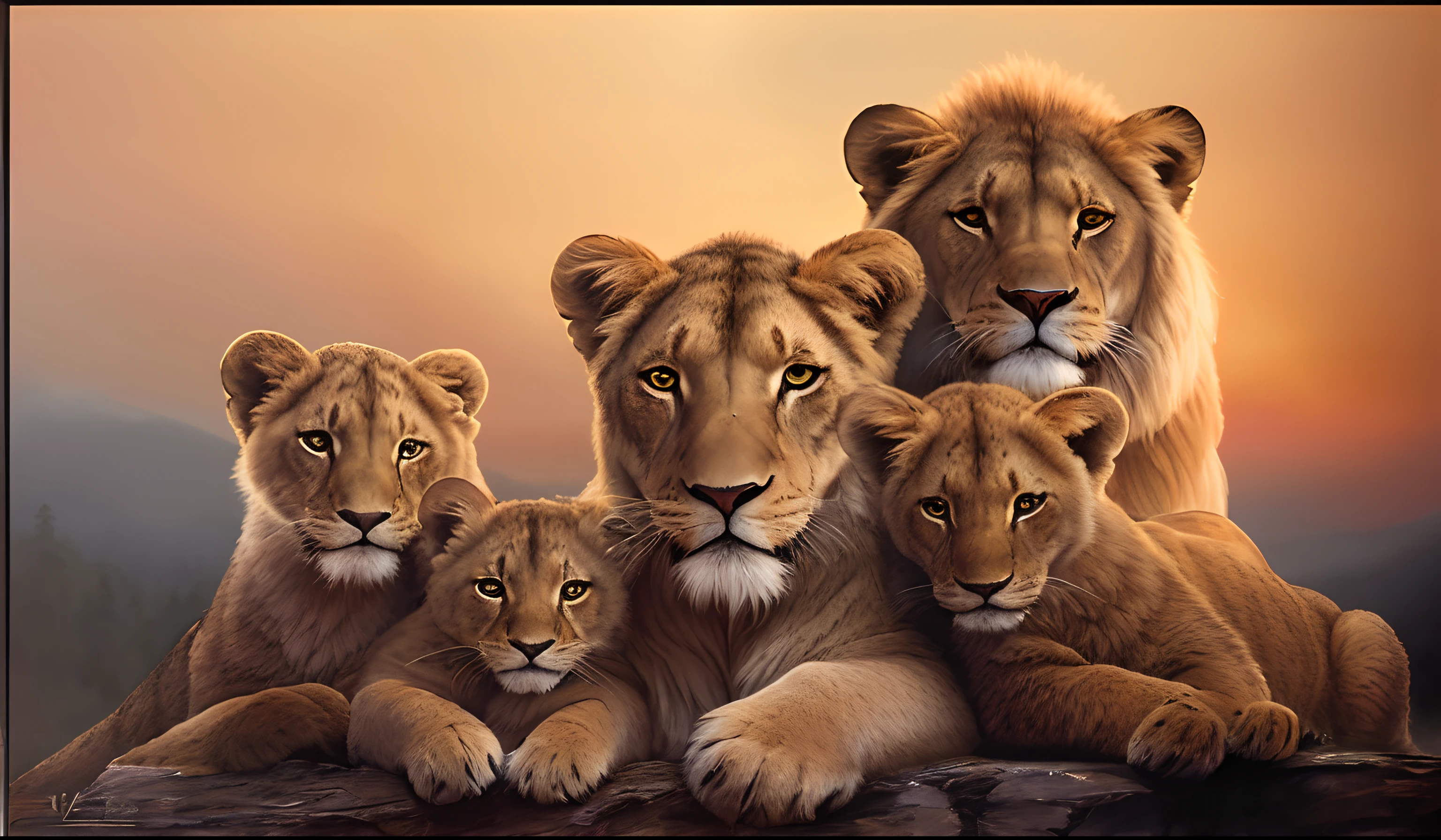 There are four lions sitting on a rock together at sunset, family portrait, lions, Animais bonitos detalhados, Lisa Parker, cena realista, Dirigido por: Laszlo Balogh, olhar orgulhoso, graphic artist Magali Villeneuve, incrivelmente realista, amazing art, Foto de familia, Extremamente realista, pintura de animais, wildlife illustration, foto de retrato, Magali Villeneuve»