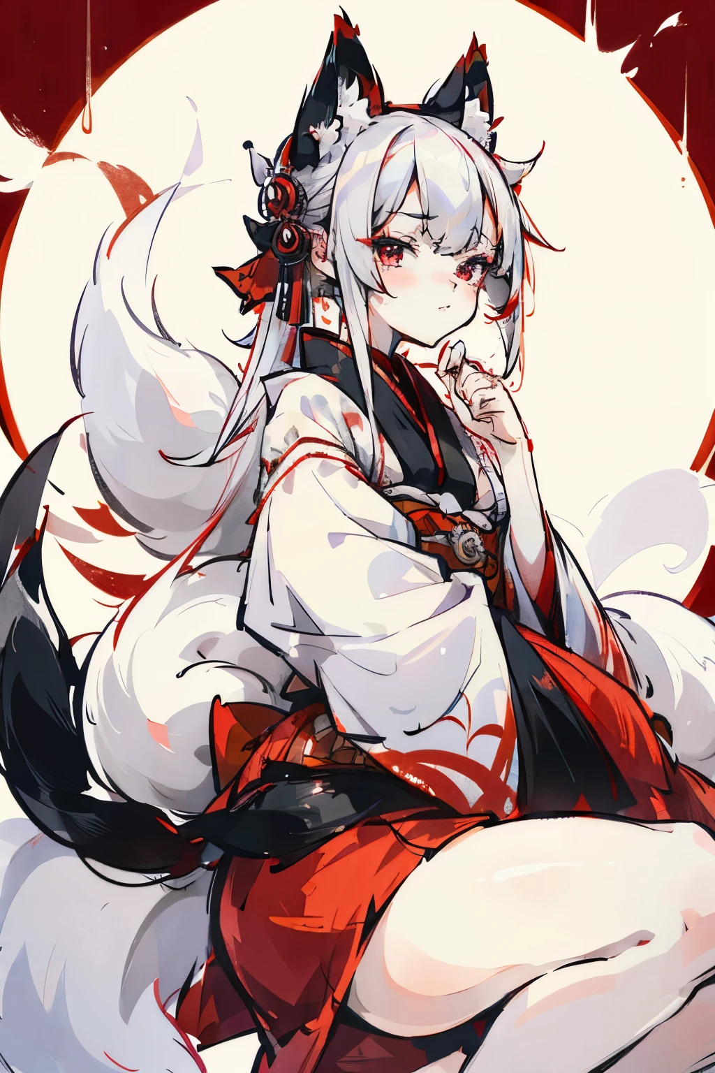 kitsune girl, fox ears, fluffy tail, nine tails, Kimono, red eyes, white hair, look at you, domination face, lewd 