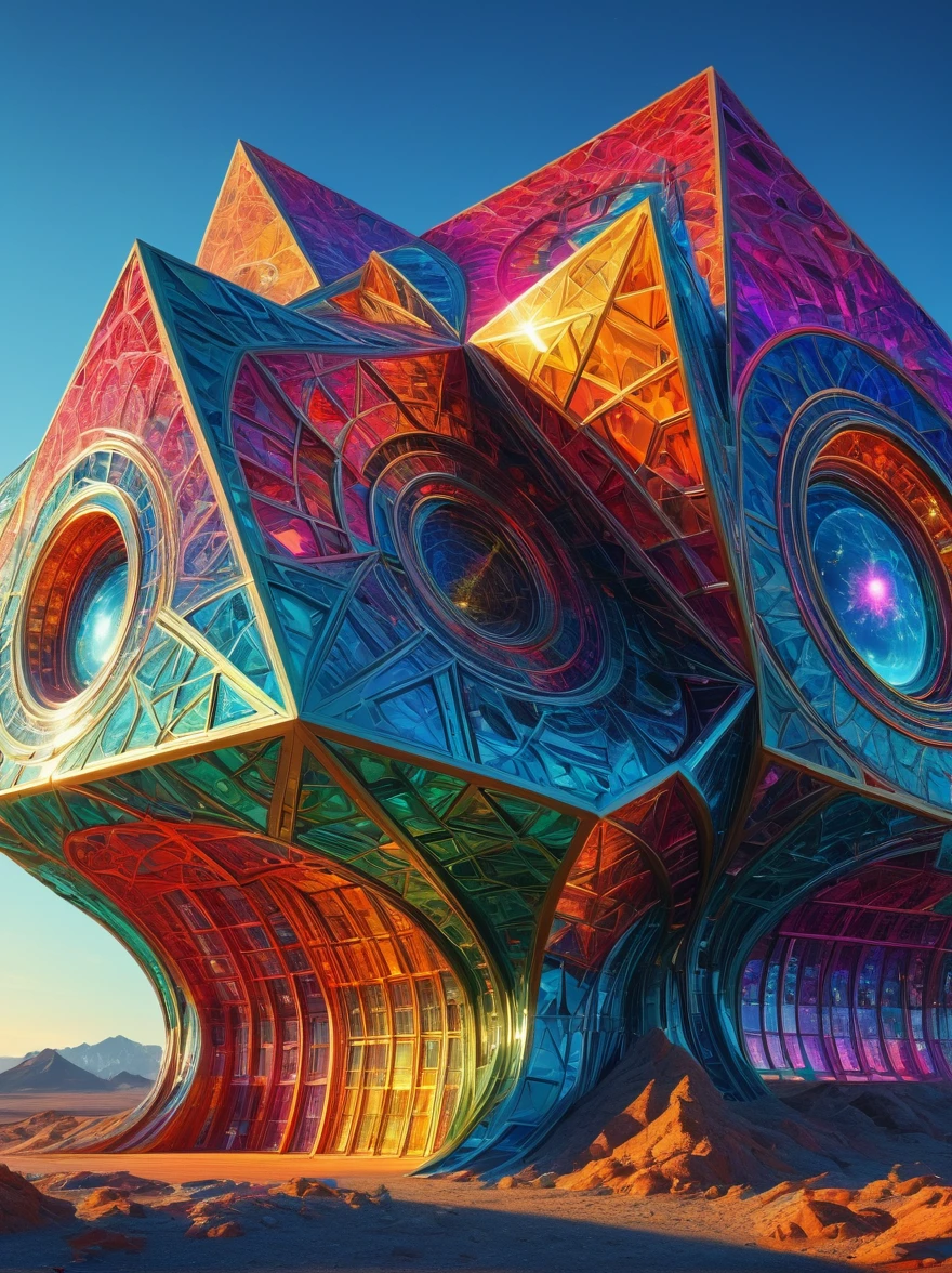 (Giant Geometric Shape), a massive, looming geometric form, highly stylized and abstract, large-scale surreal landscape, otherworldly architectural structure, intricate fractal patterns, dramatic lighting, vibrant colors, (best quality,8k,highres,masterpiece:1.2),ultra-detailed,HDR,UHD,studio lighting,ultra-fine detail,sharp focus,physically-based rendering,professional,vivid colors,concept art