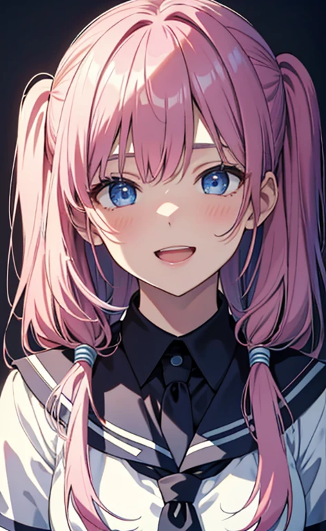 (​masterpiece、top-quality、8k size wallpaper、offcial art)、(face focus:1.3,portrait,upper body:1.6)、(1girl),(laughing out loud mouth open),cute face,blue eyes、twintails、
,(stand),
,(sexy body),(school uniform),(long fluorescence pink hair1.3), (small breasts)、
、fluorescence、classroom,JK、