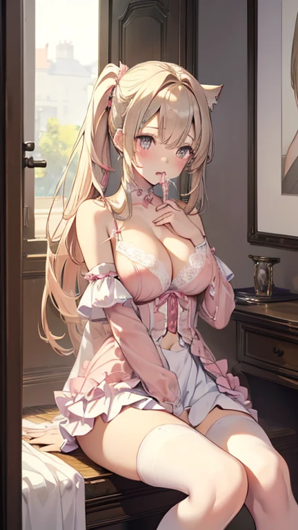 adult women、Accurate number of fingers、accurate number of legs、Exact number of arms、Bangs, ribbon ponytail, blond hair, (blush:1), (put one hand in:1.8), fingering, (cat juice:1.2), in mouth, idol costume、red clothes、Off the shoulders、mini skirt, This costume is only open at the chest...、high socks、White idol style skirt, (Lingerie with exquisite and luxurious decoration:1.3), Ribbon at neckline.., (White and pink with lots of lace:1.3), White lace:1.2), Sexy Lingerie, Raise your legs high、 beautiful big breasts, (Nipples erect:1), The skirt was rolled up、best quality, High resolution, (Eyes are thin and beautiful:1.6), The facial details are very rich, perfect lighting, Very detailed CG, (perfect hands, perfect anatomy),Embarrassed look、The expression of holding back from going to the toilet, (Sexual pleasure expression:1.4), (expression of pain:1.2)、close eyes、blush暈、Eyes half-open and blurry、sexy look、look up、mouth half open、、whole body