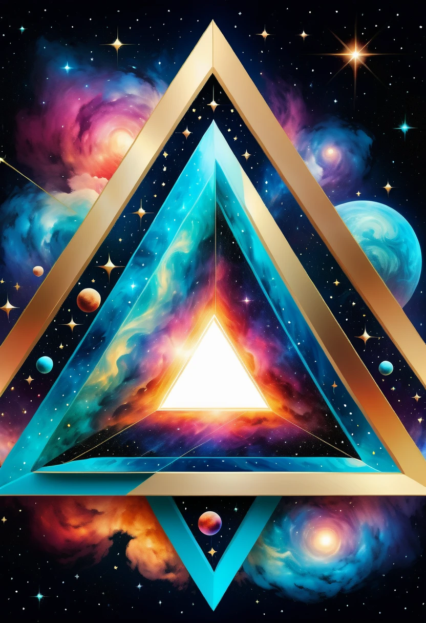 Huge triangle，Magnificent cosmic starry sky background，Intricate illustration in surreal art style，surreal dream，Dubrec style，Transparent geometric shape close-up，（multiple exposure：1.8），