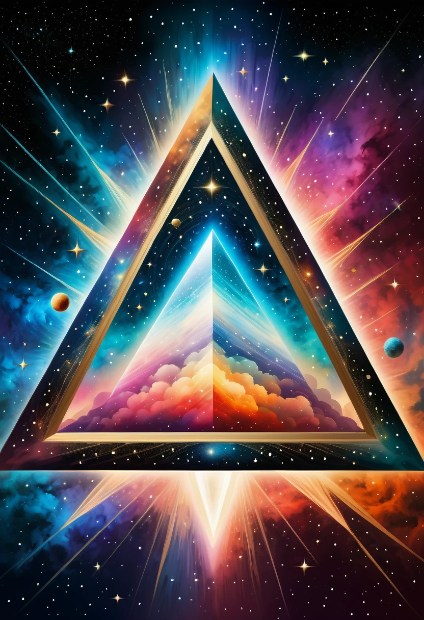 Huge triangle，Magnificent cosmic starry sky background，Intricate illustration in surreal art style，surreal dream，Dubrec style，Transparent geometric shape close-up，（multiple exposure：1.8），