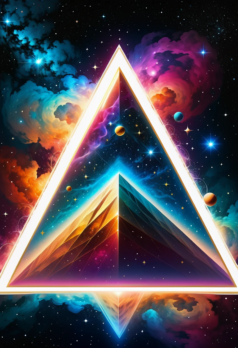 Huge triangle，Magnificent cosmic starry sky background，Intricate illustration in surreal art style，surreal dream，Dubrec style，Transparent geometric shape close-up，（multiple exposure：1.8），