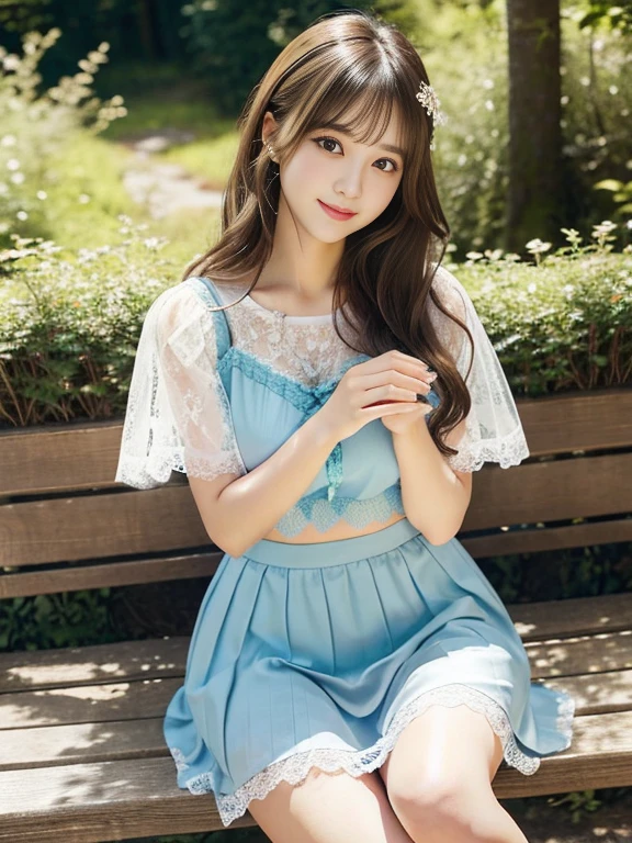 one woman、japanese woman、26Old beauty、professional lighting、medium long hair、brunette colored hair、brook in the forest、Sheer lace slip、Pastel blue lace underwear、A light-colored, sheer miniskirt、High resolution、gentle expression、fascinating eyes、no makeup、smile like an idol、loose lips、catch light、hair fluttering in the wind、rather large breasts、Beautiful legs extending from the skirt、legs crossed、Show from skirt to knee、Use a reflector to bring light to your face、sitting on the bench、look at camera