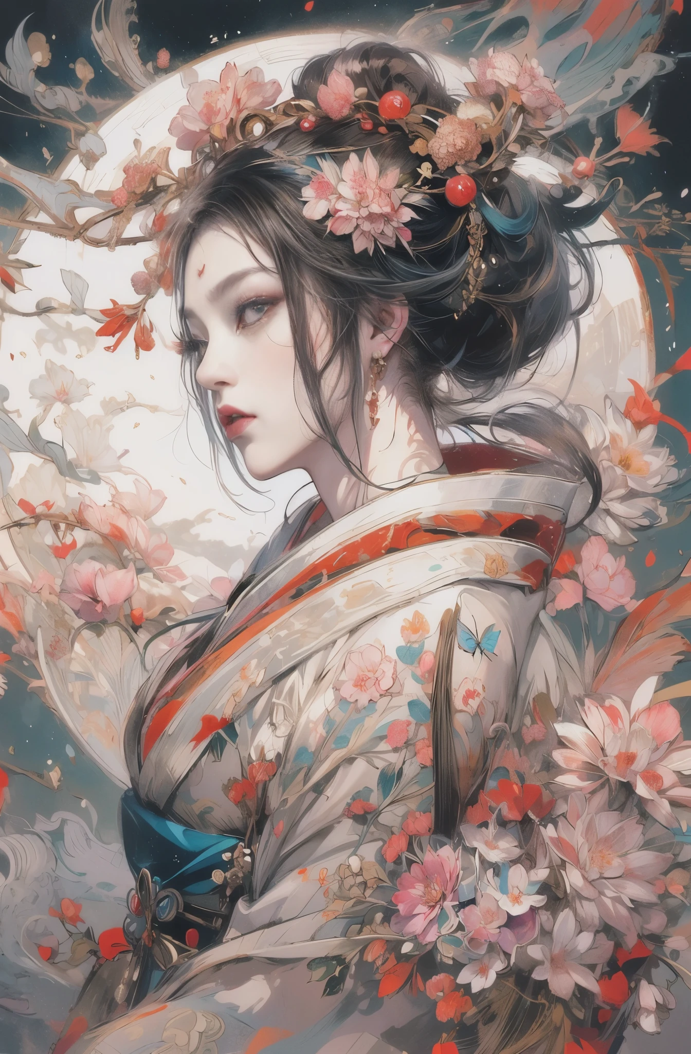 Beautiful demon painting, SakuraFubuki, Senbonzakura, Cherry blossoms scattered in the wind, Zeami, Big Yokai, Devil Charm, Queen of the Monsters, empress of fear, queen of hell, Six Paths of Reincarnation, Beauty of the Leaning Country, beautiful black haired devil, Beautiful red make-up, white face, nine tailed fox, she looks 27 years old, Dream of a butterfly, Sharp beauty, Bewitching, Chinese peony, peony, lily flower, Beautiful red kimono, Oiran, The highest ranking prostitute, Hundred flowers in abundance, flower of slaughter, Female Yakuza, ruler of the red light district, Beautiful and expressive paintings, Beautiful artwork illustration, wonderful, cool beauty, clear, Muromachi Fantasy, Mysterious, highest quality, official art, perfect composition, perfect angle, best shot, women only, sharp outline, pretty much beautiful face, very beautiful and detailed eyes, beautiful and delicate eyes, demon of kyoto, Devil Charmの主, Cold-hearted demon woman, phantom, Hyakki Night Line, Shura Road, Female Yakuza, full body tattoo, underworld, diamond, Rashomon, Gion Seisha, Snow Moon Wind Flowers, The action is permanent, Under the light of the meteor, flying flowers and fallen leaves, Dream Bubble, Close-up: Ultra-detailed paintings inspired by WLOP, art station trends, fantasy art, A complicated mess, The art of hitting, wallop art, WLOP |, wallop style, beautiful character drawings, Wlop painting style, WLOP | germ of art, Unparalleled Beauty Tumbler, figurative art, intense watercolor, watercolor detailed art, watercolor splash, surreal, avant-garde pop art, Beautiful and expressive paintings, Beautiful artwork illustration, very colorful tones, wonderful, cool beauty, masterpiece, highest quality, official art, women only, sharp outline, best shot, vector art, Written by Sandra Chevrier, dave mckean、By Richard Avedon、Written by Makiezi Kusiala, luminous design