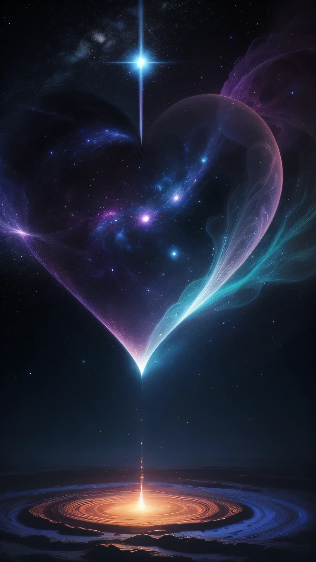 Create an image that represents the fusion of the human heart with the supernatural realm and the vastness of the universe. Imagine an ethereal and mysterious scene. in the center of the image, The human heart shines with soft light, sparkling. My heart seems to be floating in translucent mist, Evoke a sense of mystery and transcendence. from the bottom of my heart, emits a series of projections, Each represents a unique aspect. Some projections take the form of natural elements, Like branches, petals or dancing flames, Evoke a deep connection to the natural realm. Other projections extend into outer space, Turn into bright constellations, Distant galaxies or meteor rays. These cosmic projections symbolize the expansion of human emotions beyond the limits of Earth, Connect the vast universe. Color palette includes sky blue shades, Deep purple and gold, Create a magical and spiritual atmosphere. Soft light from the heart and projection creates a feeling of peace and awe. The resulting images capture the thoughts of the human mind that transcends the boundaries of the planet, Explore the realm of the supernatural and the universe. The fusion of human and divine creates a visual narrative,Evoking the exploration of our deepest emotional connections,And expand its essence into the vast universe