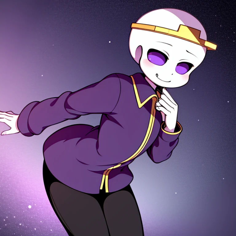 nightmare!sans, skeleton, dark purple jacket, black pants, dark purple boots, lavender pupils, smiling, golden moon crown, goldev belt has NM sign, standing still, solo, eye holes, dark eyes, cartoon, cartoon eyes, simple background