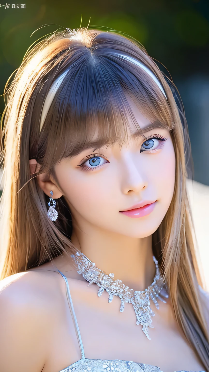 (close:1.4)、(RAW shooting:1.2)、(realistic:1.4)、(masterpiece:1.3)、(highest quality:1.4)、bright look、very beautiful girl、extraordinary beautiful girl、cute and beautiful face details、beautiful bangs、radiant white skin、facial hair、Bangs that extend to the face、bangs between eyes、super long hair、Charming light and dark platinum blonde super long straight silky hair、thin hair、Beautiful bright, clear, large light blue eyes that are charming and sparkling、luxurious dress、tiara、double eyelid、rich bust、Upper body