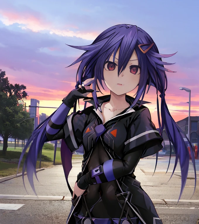 1girl, Kurome Ankokuboshi, Neptunia, Zerodimension, anime, blue hair, black clothes, pose, ruined city, purple and red sky.