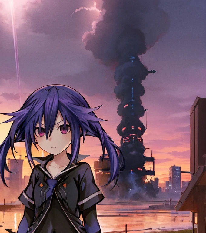 1girl, Kurome Ankokuboshi, Neptunia, Zerodimension, anime, blue hair, black clothes, pose, ruined city, purple and red sky.