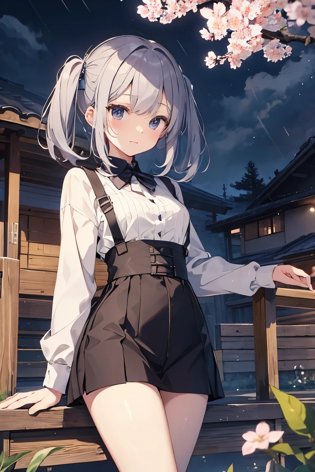 ((masutepiece)), ((Best Quality)), ((hight resolution)), ((the Extremely Detailed CG Unity 8K Wallpapers)), Solo, Tachibana plays, Tan School Uniform, Black skirt, White socks, Outdoors, Face, curtained hair, Beach, parted hair, Silver hair,huge-breasted