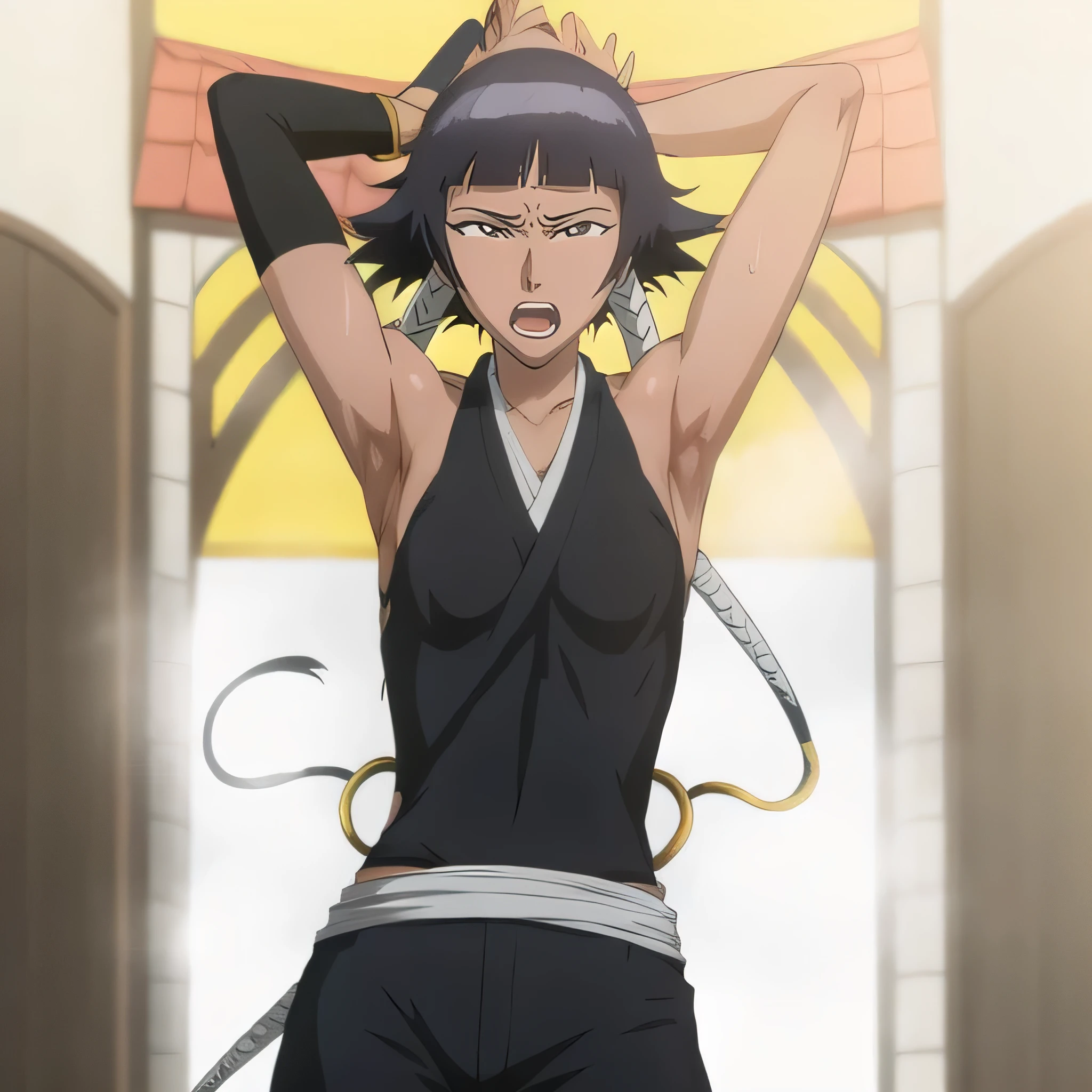 ( Animation screenshots:1.1),outdoor,
1 girl, alone, black hair, side breasts,eternal, short hair with long locks, japanese clothing, - Hip vents, no underwear,short hair, small breasts, (white eyes:1.1),No eyeballs, Also available in black, No headwear,low double braids,Face the audience, looking at the audience, tired, from below, (Show armpits:1.1), ((Armpit:1.2)), Sexy, Sweat dripping, More and more sweat,(ahegao), (Roll your eyes), naughty face, blush, open mouth, Sticking out tongue, saliva, sloppy person,Runny nose,skinny, raise arms, (arms above head:1.5)