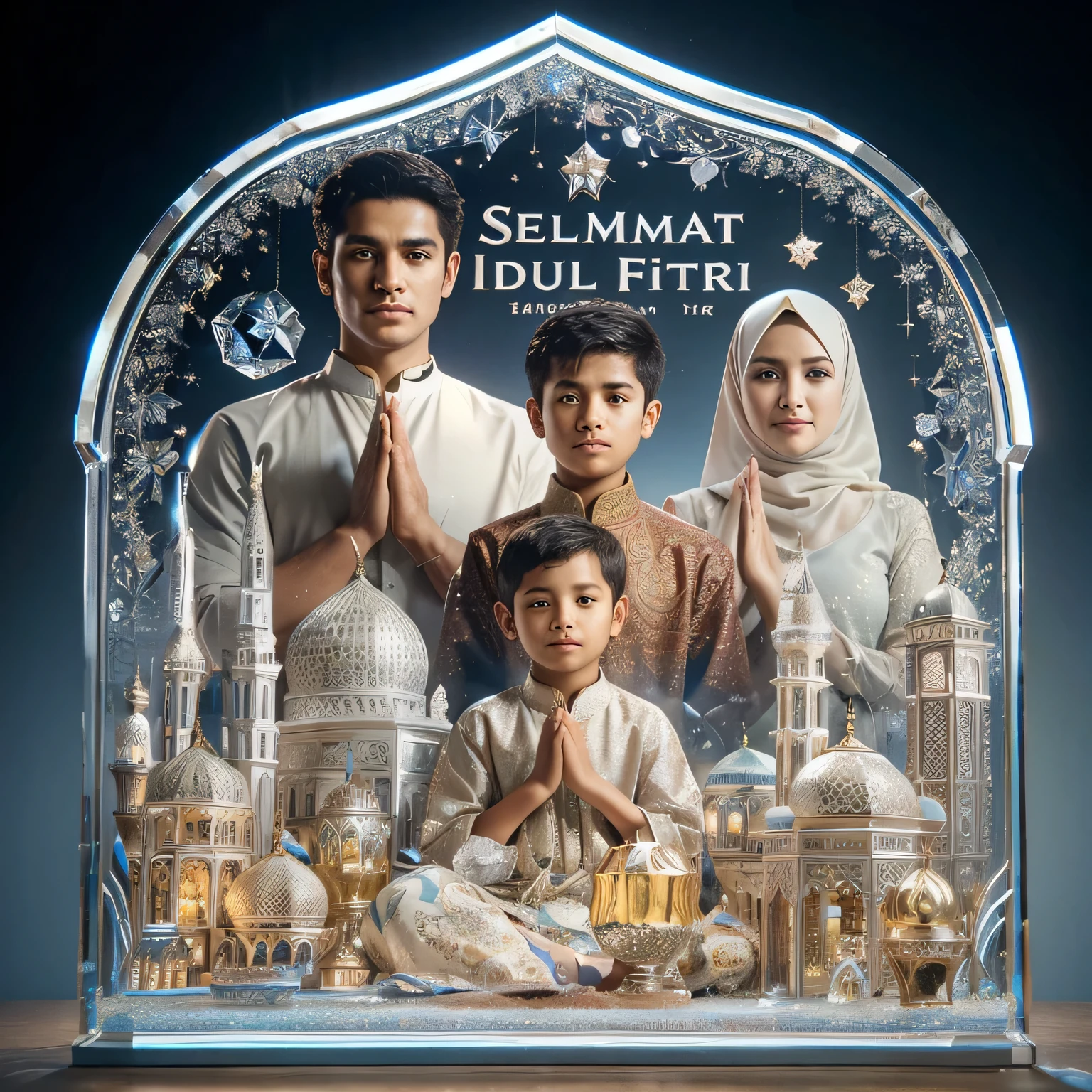 make A very realistic photography made of crystal glass with a luxurious design that says 'SELAMAT IDUL FITRI 1445 H', featuring mosques, symbols of Ramadan, a young Indonesian man aged 27 in Muslim attire and a boy aged 10, a woman in an elegant muslimah gamis dress and a boy aged 3 with a namaste hand gesture, with faint smiles.very realistic.