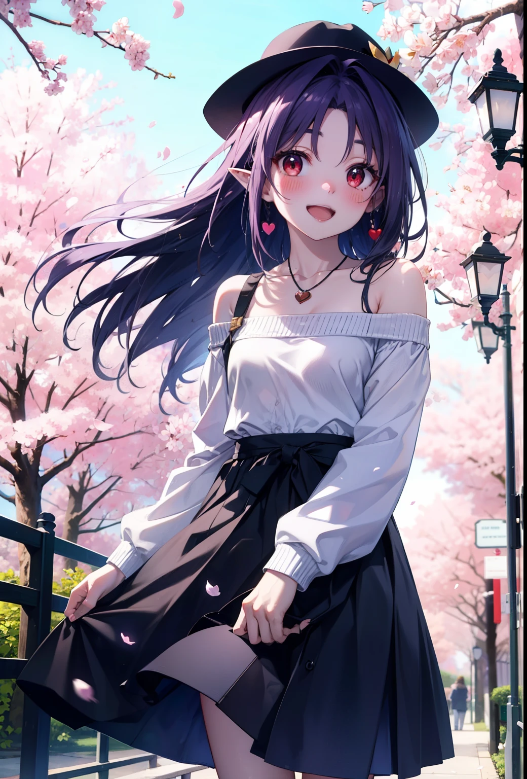 yuukikonno, yuuki konno, long hair, pointy ears, purple hair, (red eyes:1.5), (small breasts:1.2),blush, happy smile, smile, Open-mouth hunting hat,White off-shoulder sweater,bare shoulders,naked neck,bare clavicle,Heart shaped pendant,Purple long skirt,white sneakers,Cherry blossoms are scattered,cherry blossoms are blooming,Cherry Blossom Tree-lined Path BREAK looking at viewer, full body,,(cowboy shot:1.5),
BREAK outdoors, garden,
BREAK (masterpiece:1.2), best quality, high resolution, unity 8k wallpaper, (illustration:0.8), (beautiful detailed eyes:1.6), extremely detailed face, perfect lighting, extremely detailed CG, (perfect hands, perfect anatomy),