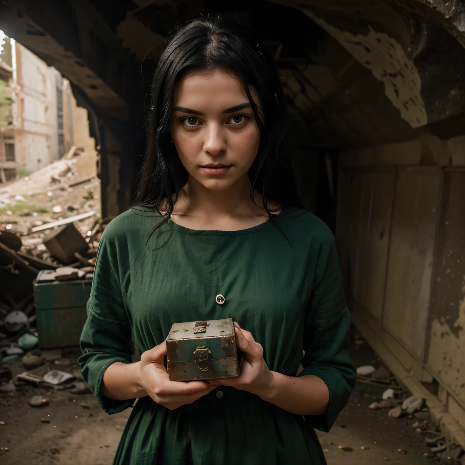 A beautiful white girl with green eyes straight black hair covers her face is wearing an old dress she is standing looking down holding an old metal box holding a small old metal box in an abandoned cave she looks alone she has a sweet and sad look