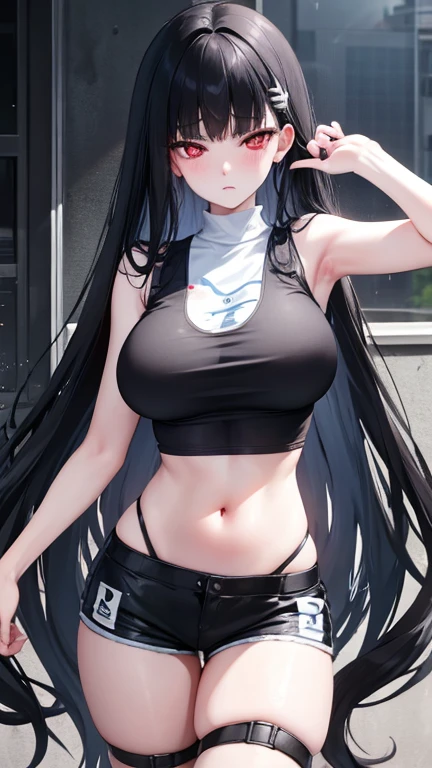 Rio, blue file, black hair, Very long hair, Red eyes, Big breasts, Vest, Stomach, navel, Running Dolphin Shorts,damaged clothes，holes in clothes，Battle damage，seriously injured，blush，Gasping lightly