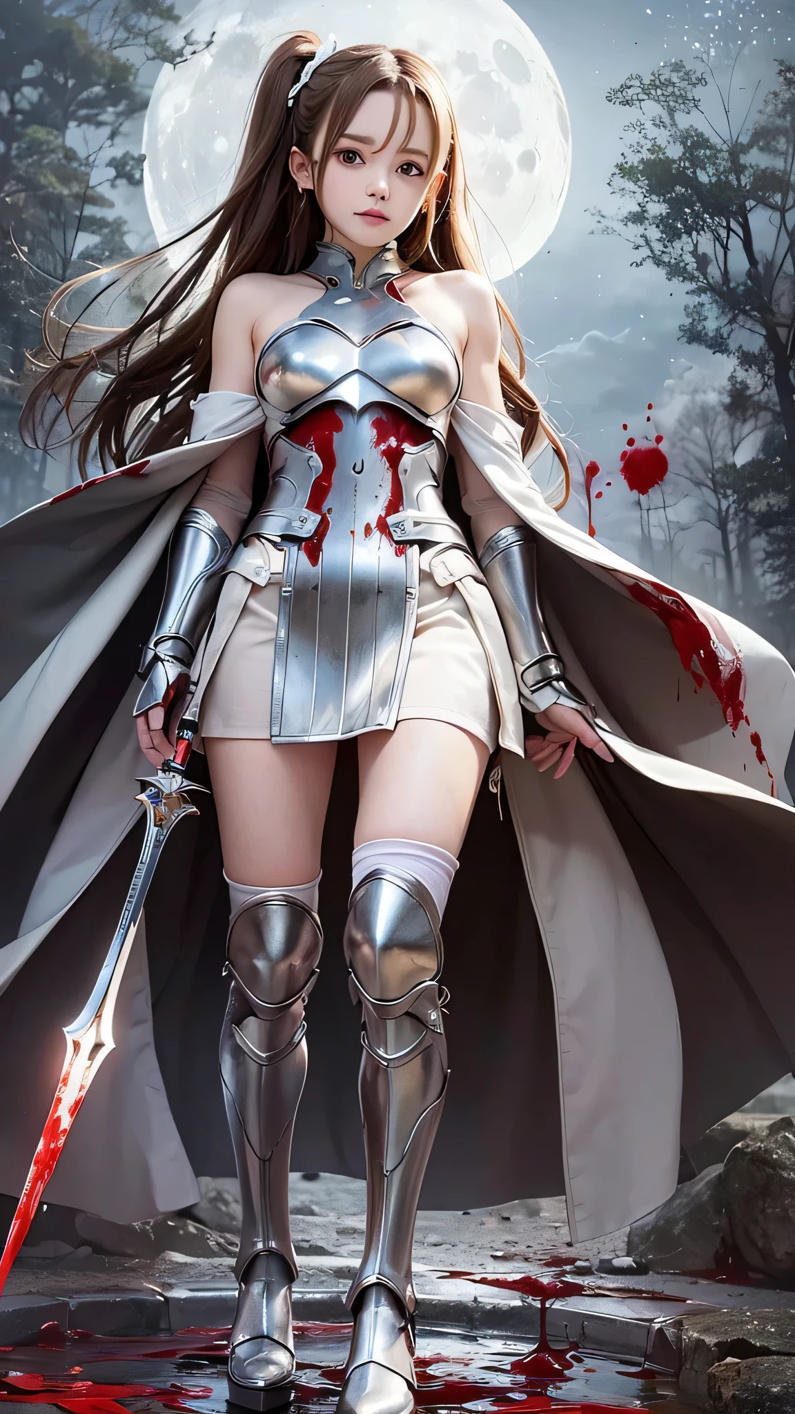 8K,(Asuna(star): 1.6),one girl, alone,(perfect anatomy:1.43), (medium hair:1.55) ,(half up:1.45),bangs, brown eyes,fine eyes,(sad smile:1.3),white stockings,(brown hair:1.6),blood soaked boots,(18-year-old:1.5),full body,(Fusion of bloody silver full plate armor and blood soaked long cloak.:1.63),(bare shoulders:1.5),(mini skirt:1.26),(He has a rapier covered in blood.:1.43),(Standing on the battlefield in a pool of blood on a moonlit night:1.52),fantasy,(blood effect:1.53),throw,eye level view,(cast a shadow:1.21)