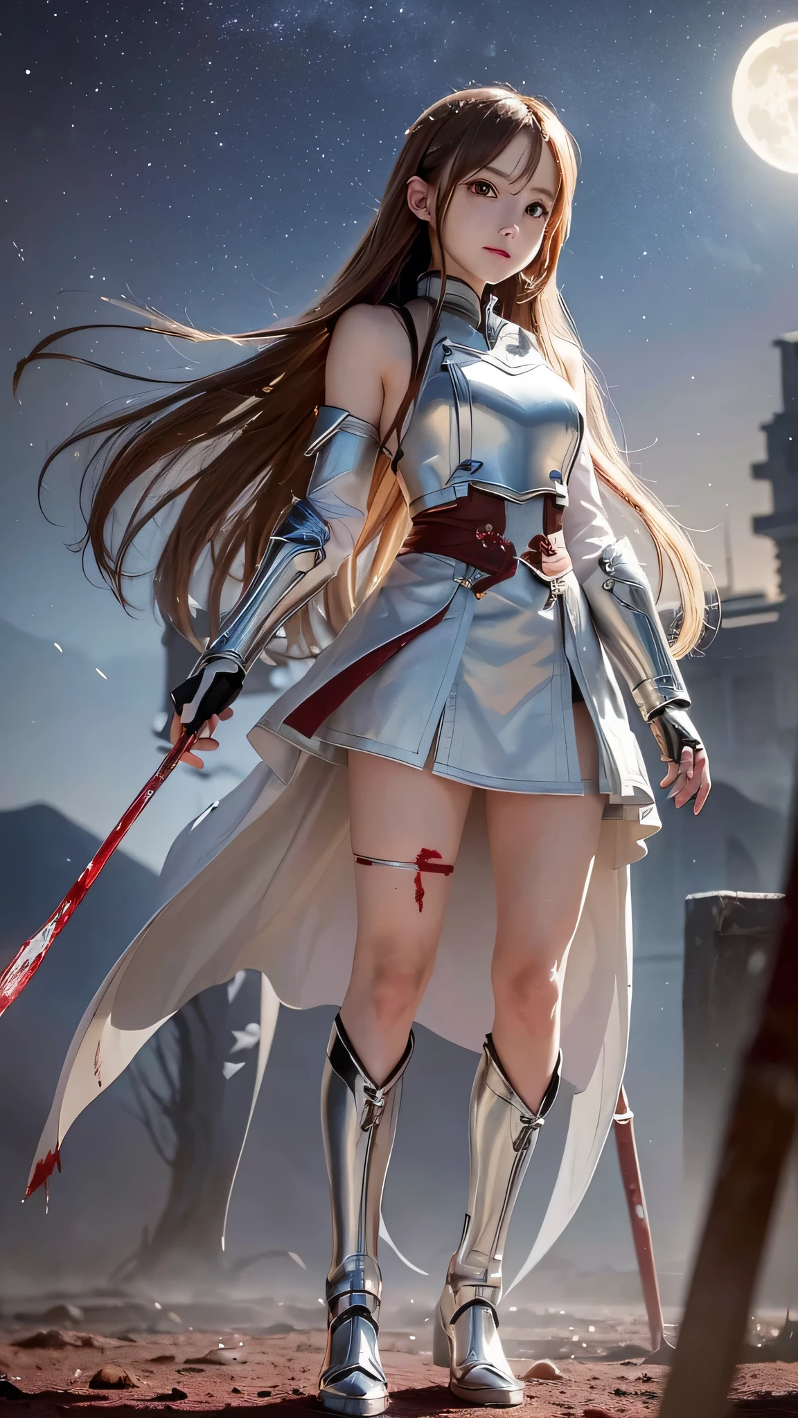 Asuna Yuki(Sword Art Online), dynamic angle, Long bronze hair,Braid,brown eyes,fine eyes,(Large chest line:1.4),roll forward,armature,chest flap,White shirt with long sleeves,removed sleeve,Red and white skirt,pleated skirt,lively,Her thin legs are so cute.,Very beautiful long legs.,white stockings,garter,perfect body,lively,Are standing,lean forward a little.,high heels,city, ((Battle pose with long sword:1.4)), (((RAW image quality:1.4)))