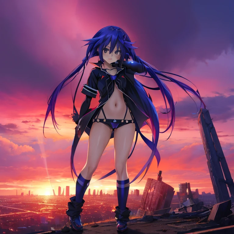 1girl, Kurome Ankokuboshi, Neptunia, Zerodimension, anime, blue hair, black clothes, pose, ruined city, purple and red sky.