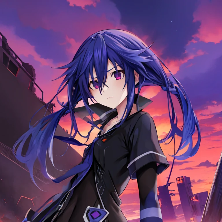 1girl, Kurome Ankokuboshi, Neptunia, Zerodimension, anime, blue hair, black clothes, pose, ruined city, purple and red sky.