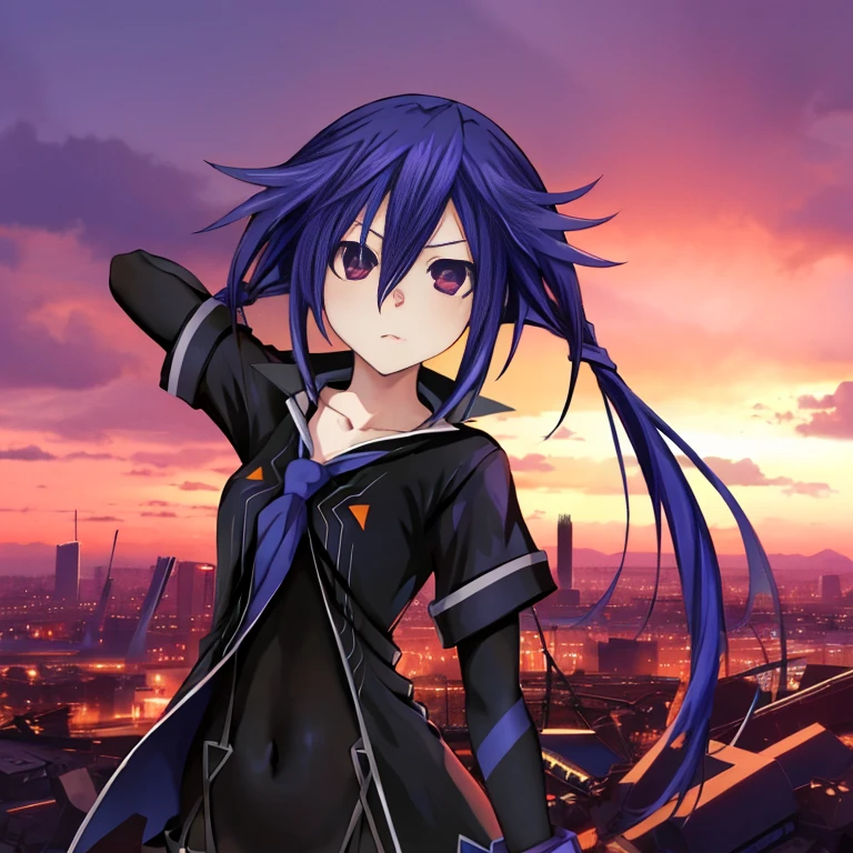 1girl, Kurome Ankokuboshi, Neptunia, Zerodimension, anime, blue hair, black clothes, pose, ruined city, purple and red sky.