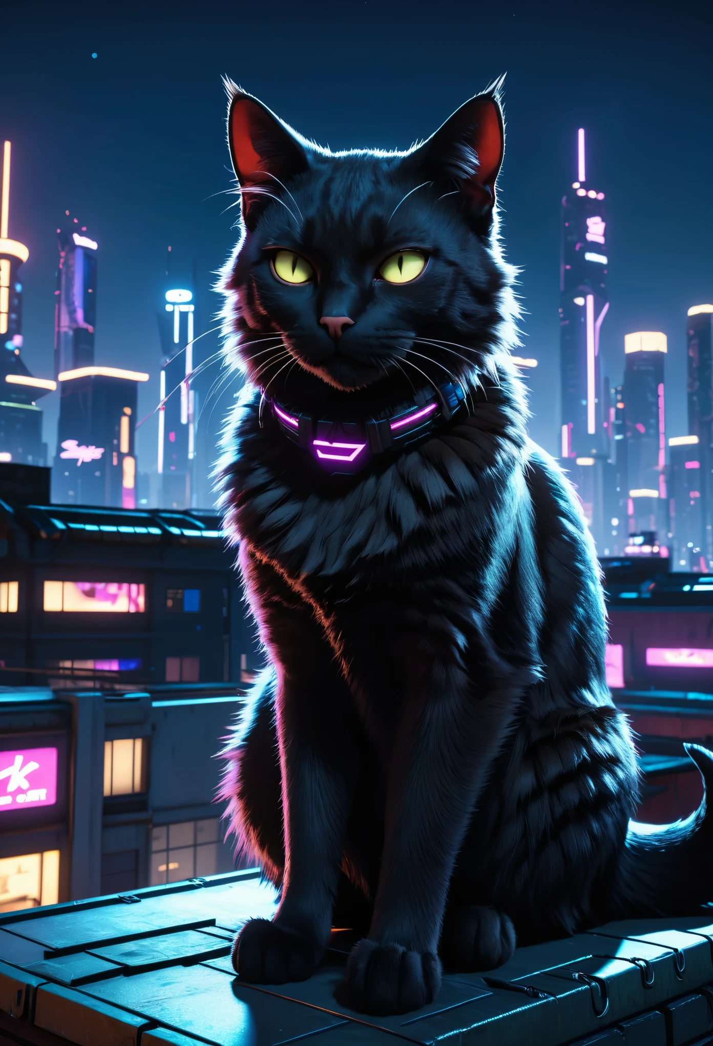 black fur cat sitting on top of a roof of cyberpunk building, cyberpunk 2077 city, night, colorful neons, ultra high quality, 4k, unreal engine 5