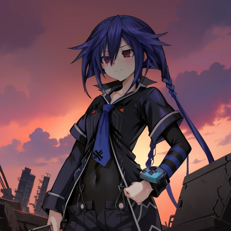 1girl, Kurome Ankokuboshi, Neptunia, Zerodimension, anime, blue hair, black clothes, pose, ruined city, purple and red sky.