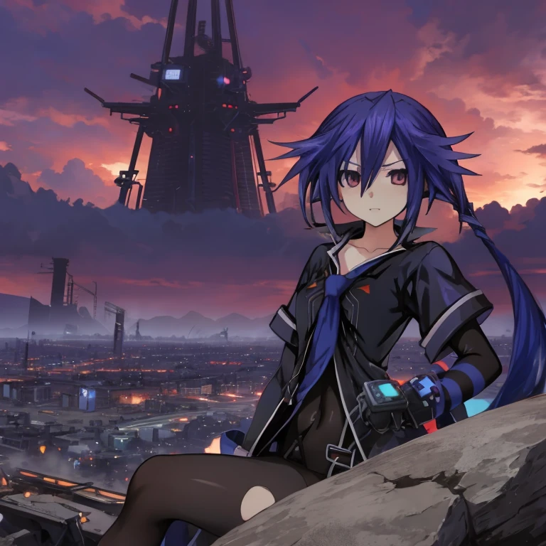 1girl, Kurome Ankokuboshi, Neptunia, Zerodimension, anime, blue hair, black clothes, pose, ruined city, purple and red sky.