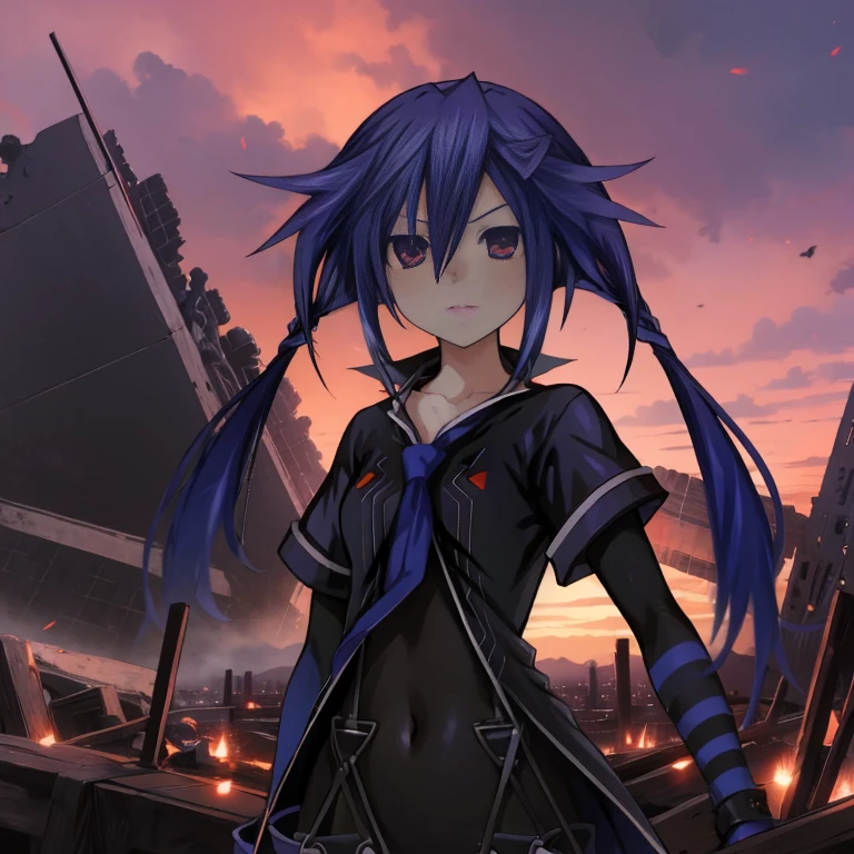 1girl, Kurome Ankokuboshi, Neptunia, Zerodimension, anime, blue hair, black clothes, pose, ruined city, purple and red sky.