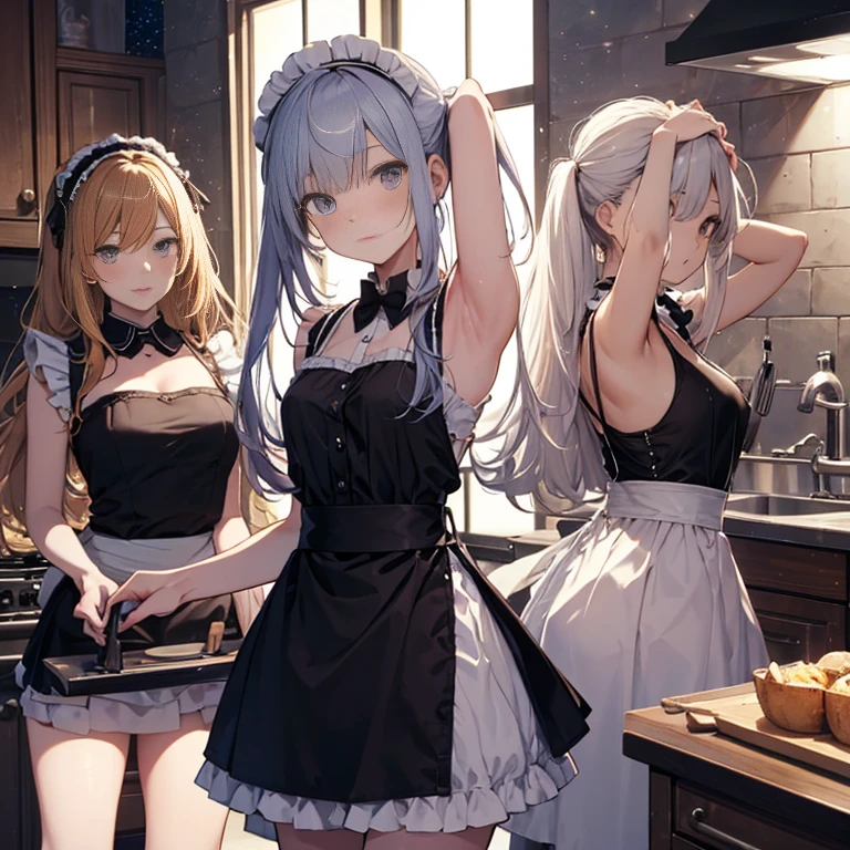 A group of maids, (in kitchen), various hair styles, harem, wearing maid uniform, night, details face, , short skirt, seducing, sleeveless , night, starry night, armpits 