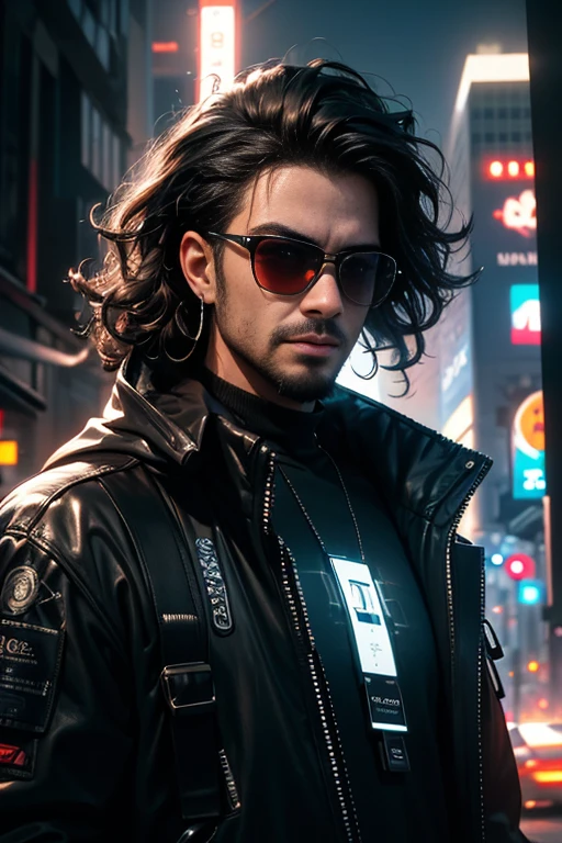 A man handsome, (best quality,4k,8k,highres,masterpiece:1.2),ultra-detailed,(realistic,photorealistic,photo-realistic:1.37),curly hair,cyberpunk,detailed face,beard,glasses,cybernetic implants,cityscape,neon lights,night scene,matrix-like,high-tech,futuristic,edgy,cool,dark colors,reflection,smoke,mysterious aura,microchip earrings,stylish fashion,confident expression,sharp jawline,urban setting,street art,graffiti,electricity sparks,technological advancements,advanced gadgets,intense gaze,memorable presence,attractive,eye-catching,urban decay,intense atmosphere,vibrant colors